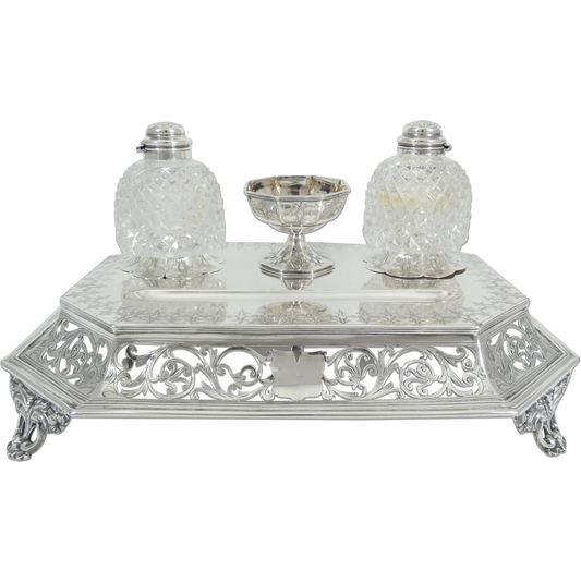 Antique Victorian 1863 Large Sterling Silver Desk Set Standish Inkwell Ink Well