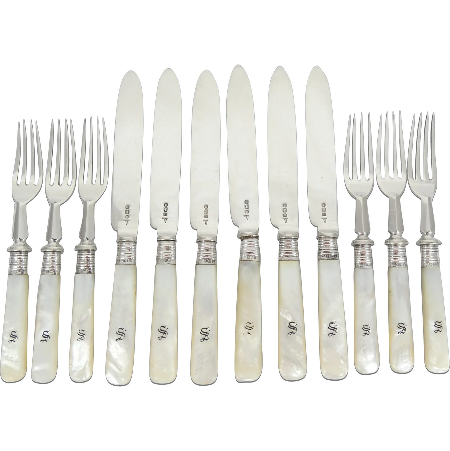 Antique Edwardian 1912 Sterling Silver MOP Knife Fork Fruit Dessert Cutlery Set