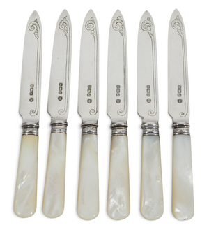 Antique Art Deco 1921 Set 6 Sterling Silver Mother of Pearl Fruit Knives Knife