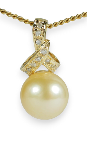 Solid 14ct Yellow Gold 8mm Cultured Pearl & Diamonds Cluster Necklace Pendant