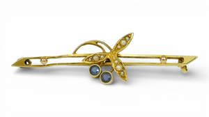Antique Edwardian 1910 Solid 15ct Yellow Gold Ruby Seed Pearl Bar Brooch Pin