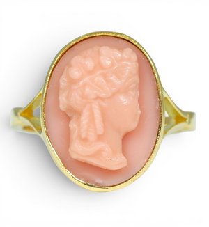 Antique Edwardian 1910 Solid 15ct Yellow Gold Pink Cameo Dress Ring Size 8 P 56