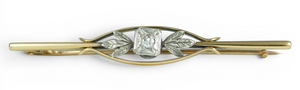 Antique Vintage Art Deco Solid 15ct Yellow Gold Platinum Diamond Bar Brooch Pin
