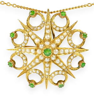 Antique Edwardian 15ct Yellow Gold Demantoid Garnet &Seed Pearl Pendant Brooch