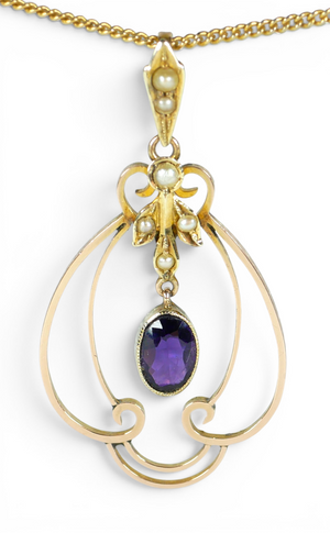 Antique Edwardian Solid 9ct Yellow Gold Amethyst & Seed Pearl Necklace Pendant