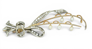 Antique Victorian 1890 Solid 15ct Yellow Gold Rose Cut Diamond Pearl Brooch Pin