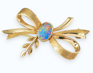 Vintage Solid 9ct Yellow Gold & Black Opal Cabochon Ribbon Bow 40mm Brooch Pin