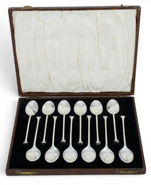Antique Art Deco 1926 Boxed Set of 12 Sterling Silver Teaspoons Seal End Spoons