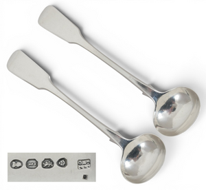 Antique Georgian 1824 Pair of Sterling Silver Salt Mustard Spoons Set Fiddleback