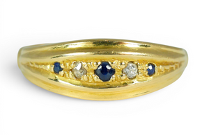 Antique Solid 18ct Yellow Gold Boat Shape Sapphire & Diamond Dress Ring 8 P 56