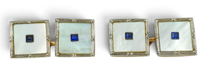 Antique Art Deco Pair of 9ct Yellow Gold Mother of Pearl Sapphire Cufflinks Set