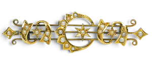 Antique Edwardian Solid 15ct Yellow Gold & Seed Pearl Crescent Moon Star Brooch