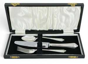 Antique Vintage 1977 Sterling Silver Boxed 3pc Christening Set Knife Fork Spoon