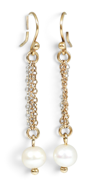 Modern Pair of Solid 9ct Yellow Gold Pearl & Chain 50mm Dangle Earrings Set 375