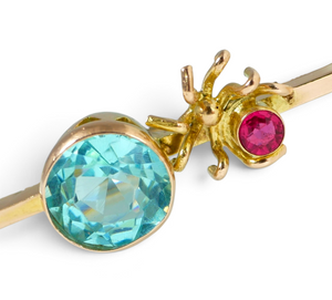 Antique Art Deco 1922 Solid 9ct Yellow Gold Aqua & Ruby Spider Insect Bar Brooch