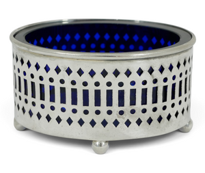 Antique Edwardian 1910 Sterling Silver Open Salt Cellar Bowl Dish Blue Glass