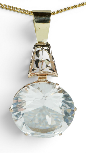 Vintage Solid 9ct Yellow Gold Rock Crystal Quartz 34mm Filigree Necklace Pendant