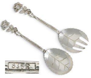 Vintage Pair of Solid 835 Silver Hildesheim Rose Small Salad Servers Spoon Fork