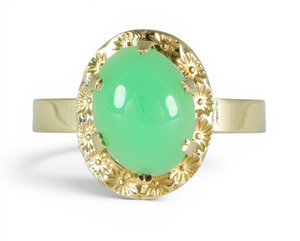 Vintage Solid 9ct Yellow Gold & Oval Green Chrysoprase Dress Ring Size 7.5 O 55