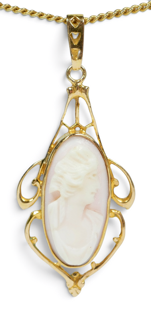 Antique Vintage Solid 10ct Yellow Gold Oval Cameo Filigree 35mm Necklace Pendant