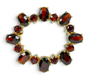 Modern Solid 9ct Yellow Gold 32mm Red Garnet Cluster Oval Wreath Brooch Pin 375