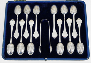 Antique Edwardian 1919 Boxed Set of 12 Sterling Silver Teaspoons Spoons Harrods