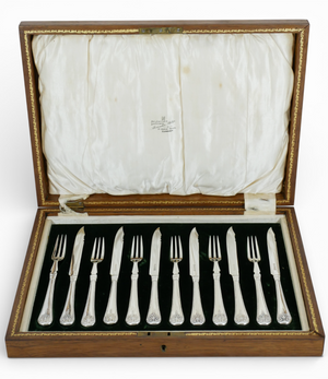 Antique Edwardian 1905 Boxed 12pc Silver Plated Dessert Knife & Fork Cutlery Set