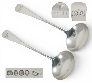 Antique Georgian 1800 Pair Sterling Silver Sauce Gravy Ladles Spoons Old English