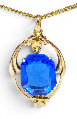 Antique Art Deco 1930's Solid 9ct Yellow Gold & Blue Stone 26mm Necklace Pendant