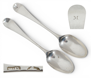 Antique Georgian 1750 Pair of Sterling Silver Hanoverian Teaspoons Tea Spoons GM