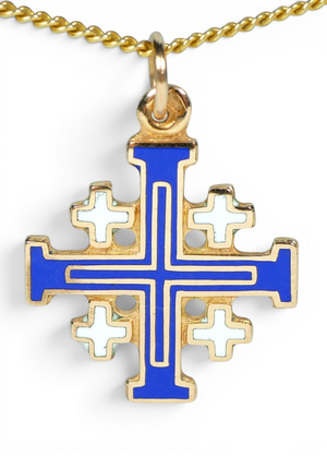 Solid 14ct Yellow Gold Blue & White Enamel Jerusalem Cross Necklace Pendant 585