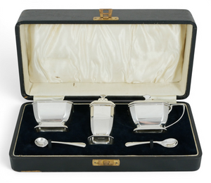 Antique Art Deco 1932 Boxed 5pc Sterling Silver Cruet Set Mustard Salt & Pepper