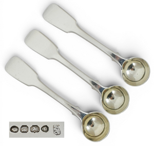 Antique Georgian 1835 Set of 3 Sterling Silver Salt Mustard Spoons Fiddle Back