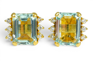 Modern Pair of Solid 22ct Yellow Gold Aqua Tourmaline Diamond Stud Earrings Set