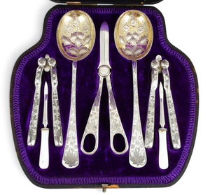 Antique Edwardian 1907 Silverplate Fruit & Nut Dessert Serving Set Spoon Shears