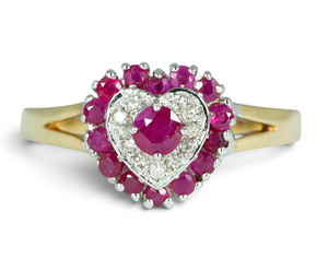 English Solid 9ct Yellow Gold Ruby & Diamond Love Heart Dress Ring Size 11 V 64