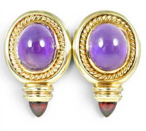 Vintage Pair of Solid 9ct Yellow Gold Amethyst & Garnet 23mm Stud Earrings Set