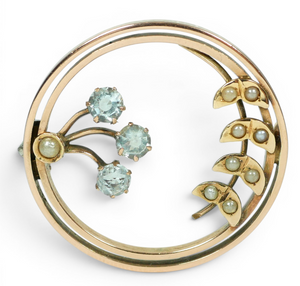 Antique Edwardian 1900 Solid 9ct Yellow Gold Seed Pearl Wreath Circle Brooch Pin