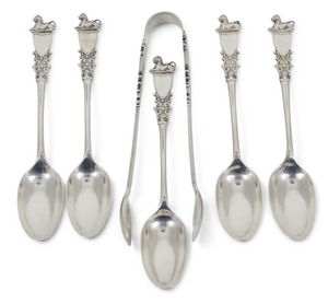 Antique Victorian 1896 Sterling Silver 6pc Teaspoon & Sugar Nips Set Spoon Lion