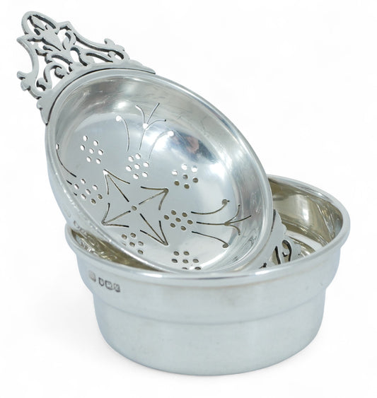 Antique Vintage 1954 Sterling Silver Tea Strainer & Bowl Set Sieve Filigree Cup
