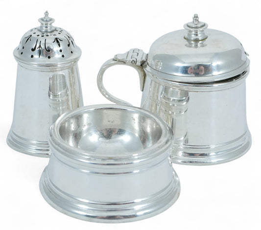 Antique Art Deco 1926 Sterling Silver Cruet Set Salt Cellar Pepper Mustard Pot