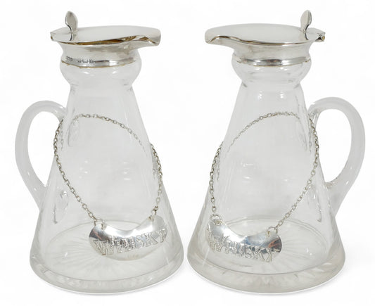 Antique Art Deco 1924 Pair Sterling Silver Whisky Noggins & Decanter Labels Tags