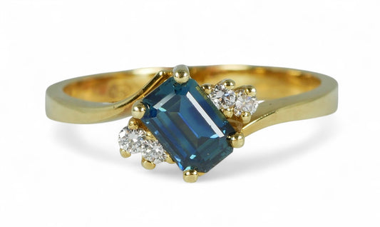 Modern Solid 18ct Yellow Gold London Blue Topaz & Diamond Dress Ring Size 7 N 54