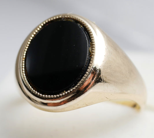 Antique Vintage Solid 12ct Yellow Gold & Oval Onyx Signet Dress Ring Size 8 P 56