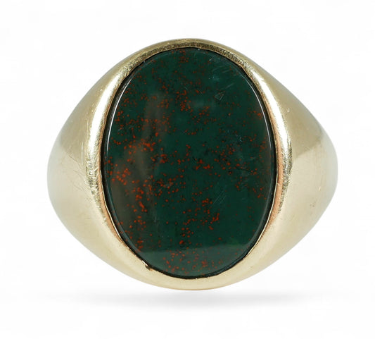 Vintage Solid 9ct Yellow Gold Heliotrope Bloodstone Signet Ring Size 10.5 U 63