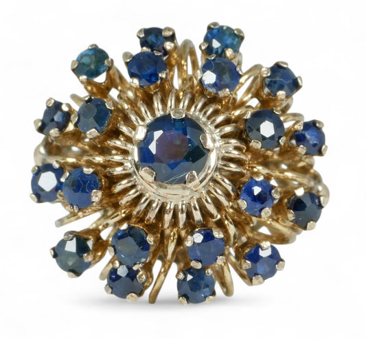 Vintage 9ct Yellow Gold Sapphire Thai Princess Cluster Cocktail Dome Ring 6 L 51