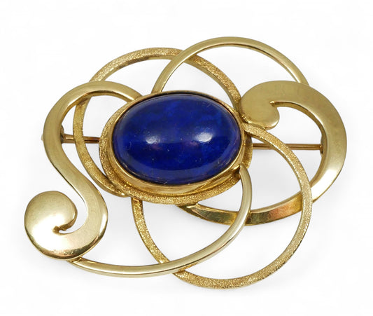 Vintage Heavy Solid 9ct Yellow Gold Lapis Lazuli Cabochon Brooch Pin 11.94gm 375