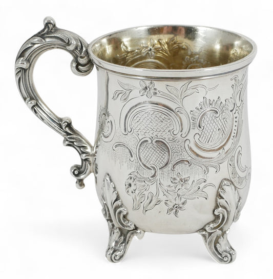 Antique Victorian 1840 Sterling Silver Christening Mug Tankard Cup Repousse JA