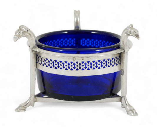 Antique French Empire 1800 Sterling Silver 950 Salt Cellar Bowl Blue Glass Liner