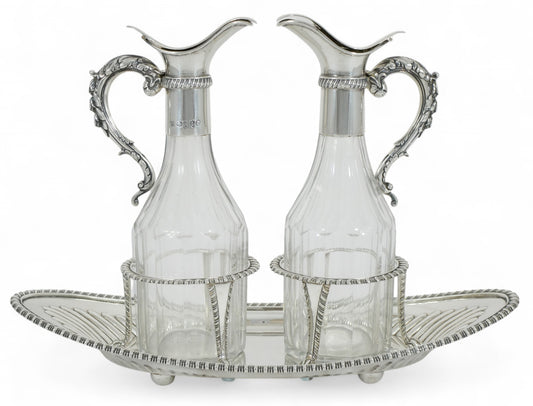Antique Victorian 1886 Sterling Silver Glass Oil Vinegar Bottle Cruet Set Stand